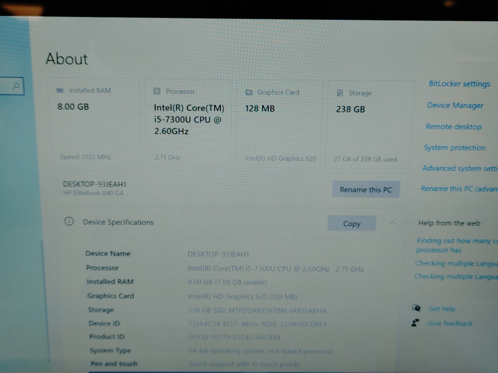 HP EliteBook 840 G4 OPQGND9 14 i5-7300U 2.6 8GB 256GB SSD WINDOWS 10 PRO