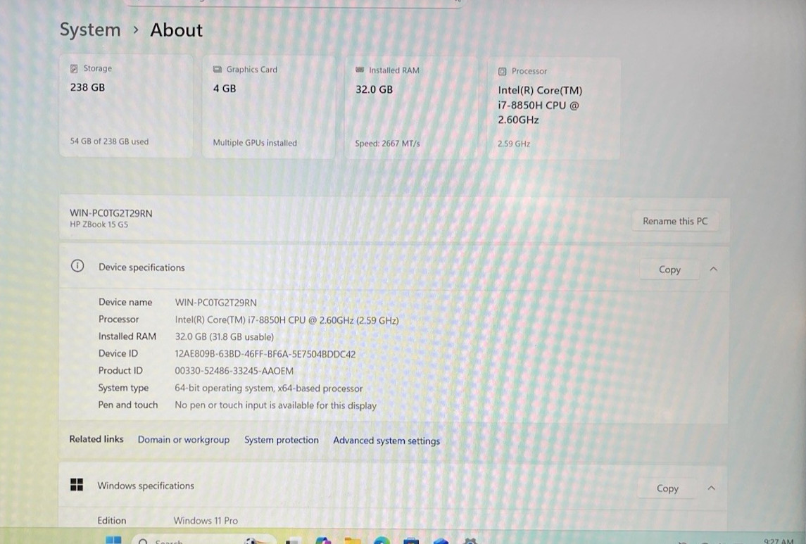 HP ZBook 15 G5 15″ Laptop i7-8850H – 32GB RAM – 256GB NVMe – W11P – 4GB GFX
