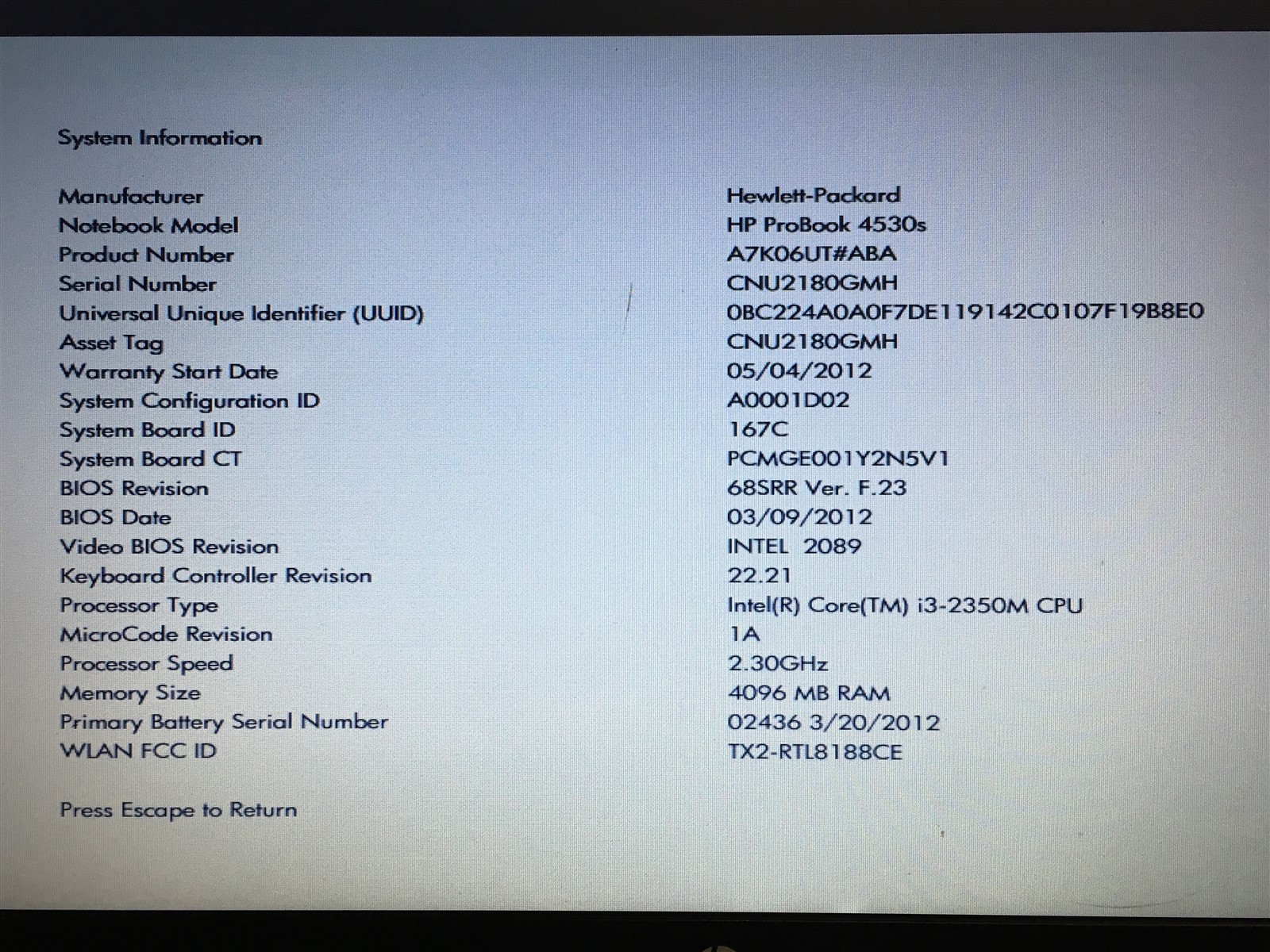 HP ProBook Laptop 4530s i3-2350M 2.30GHz 4GB RAM No HDD No OS 15.5″