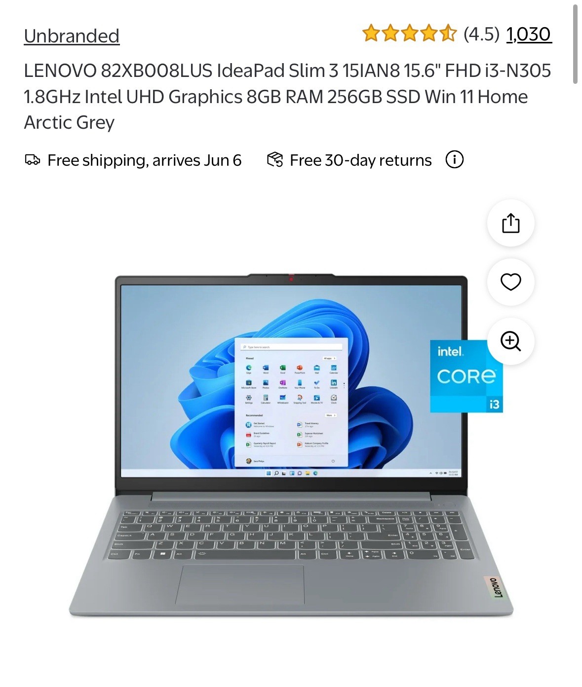 Lenovo IdeaPad Slim 3 15IaN8 15.6″ FHD i3-N305 8GB/256GB Win11 H Grey 82XB008LUS