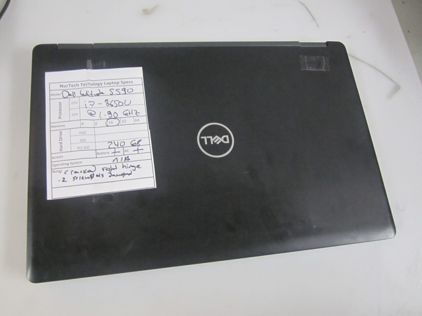 Dell Latitude 5590 i7-8650U 1.9GHz 16GB 240GB m2SSD NO OS Laptop +AC READ=