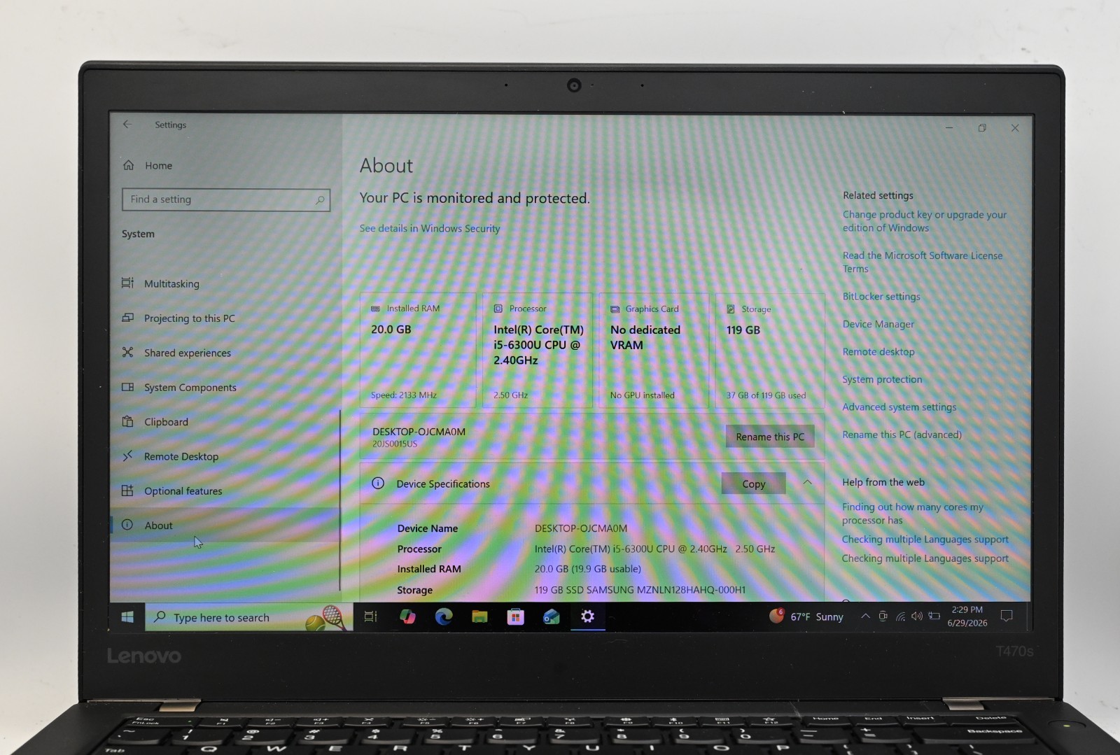 Lenovo Thinkpad T470s i5-6300u 2.4GHz 20GB RAM 128GB SSD Windows 10 Pro