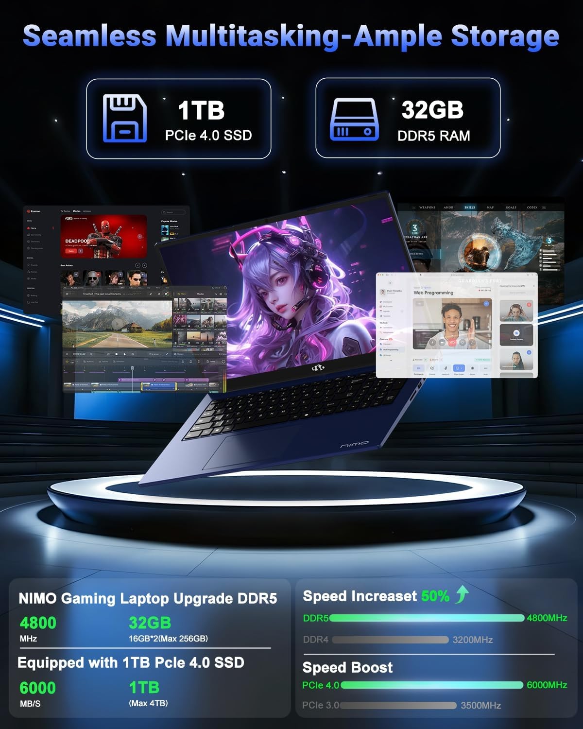 NIMO 17.3″ IPS Gaming Laptop AMD Ryzen 7 8745HS Up to 4.9GHz 32GB RAM 1TB SSD