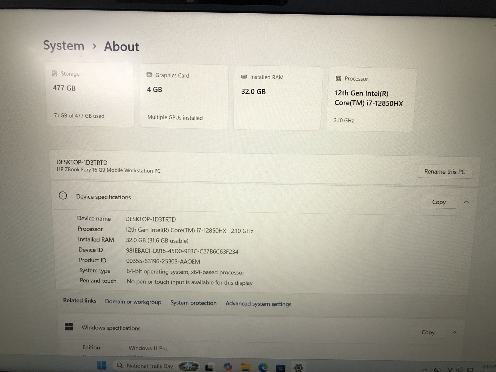 HP ZBook Fury 16 G9 i7-12850HX 32GB 512GB RTX A1000 4GB Workstation Laptop