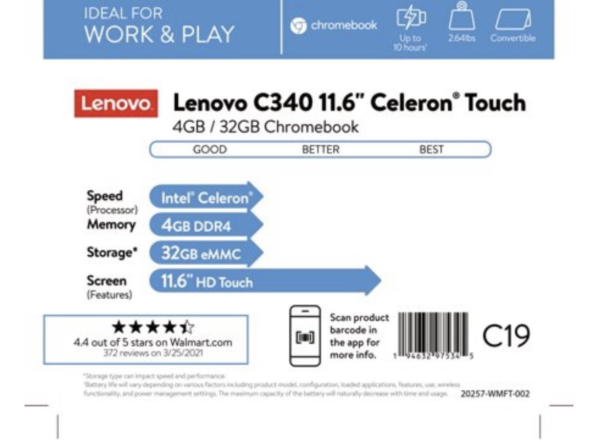 Lebovo C340 11.6” Celeron Touch 4GB/32GB Chromebook Chrome OS – Platinum Grey