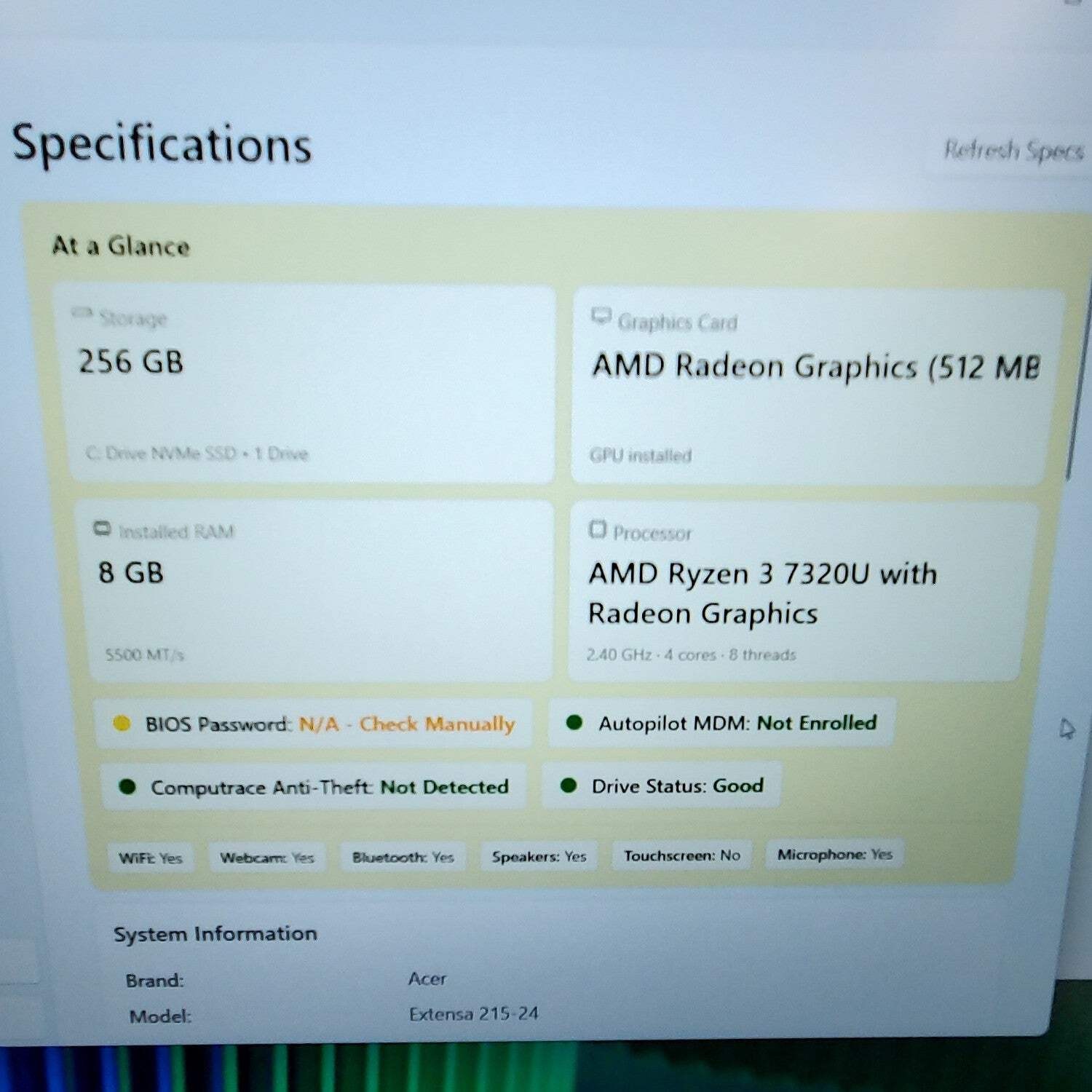 Acer Extensa 15 N23C3 15.6″ Ryzen 3 7320U 2.4GHz 8GB RAM 256GB SSD