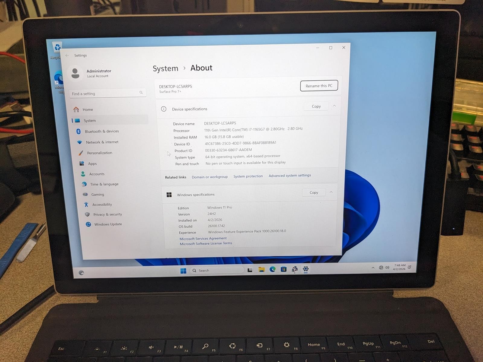 MICROSOFT SURFACE PRO 7+ (1960) i7-1165G7 @ 2.80GHz, 16GB RAM, NO HDD/OS
