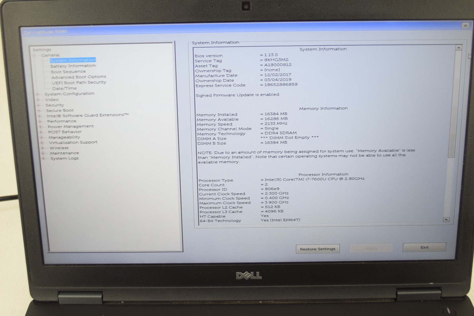 Dell Latitude 5580 Intel Core i7-7600U 2.8GHz 16GB RAM No HDD or OS