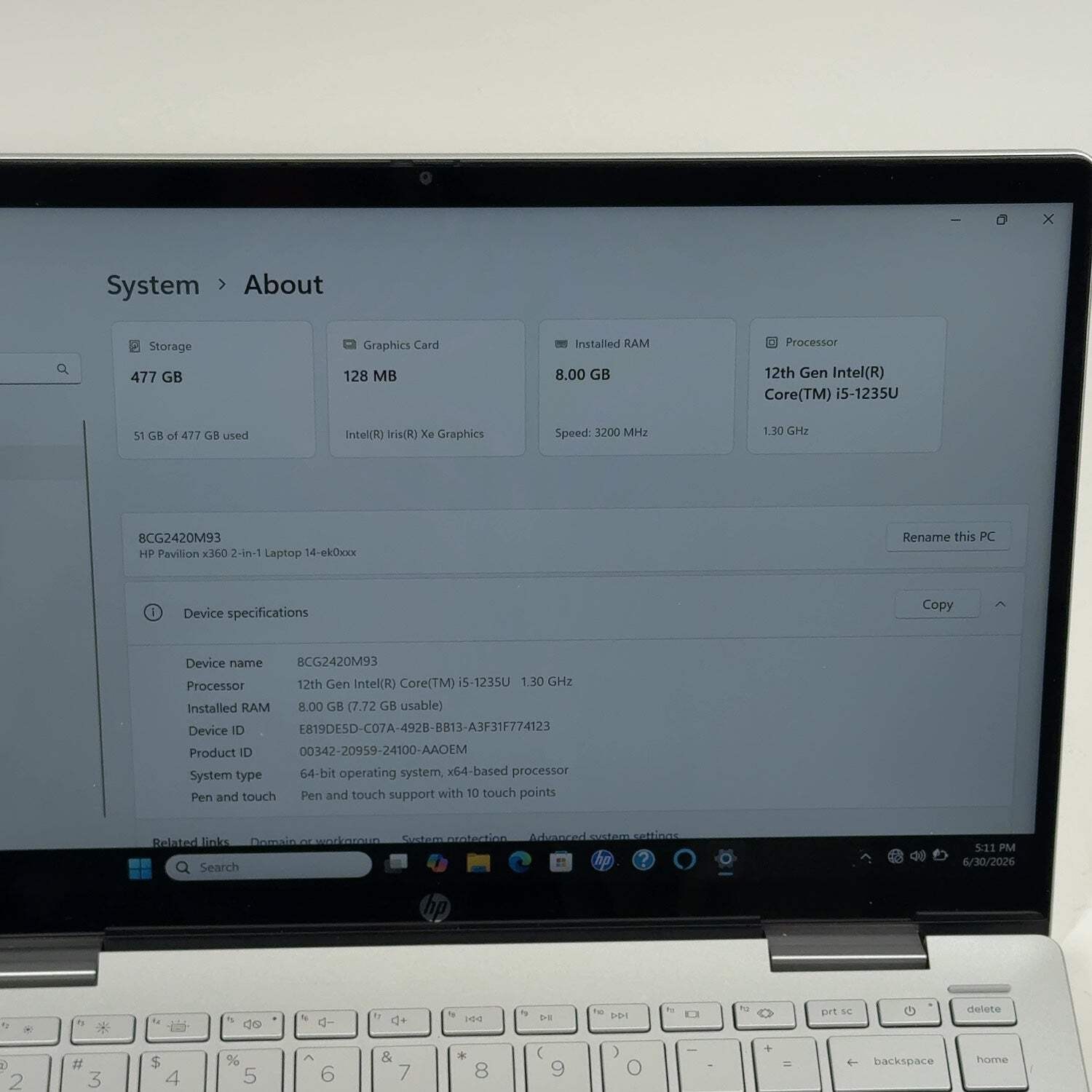 HP Pavilion x360 14-ek0033dx 14″ i5-1235U 1.3GHz 8GB RAM 512GB SSD
