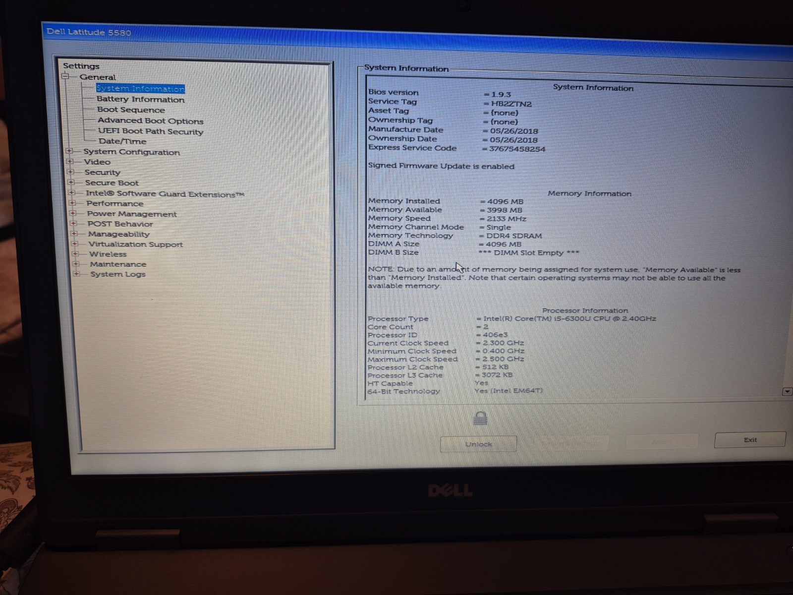 DELL LATITUDE 5580 Laptop w/ Intel Core i5-6300U 2.40GHZ + 4GB | No Drive Parts