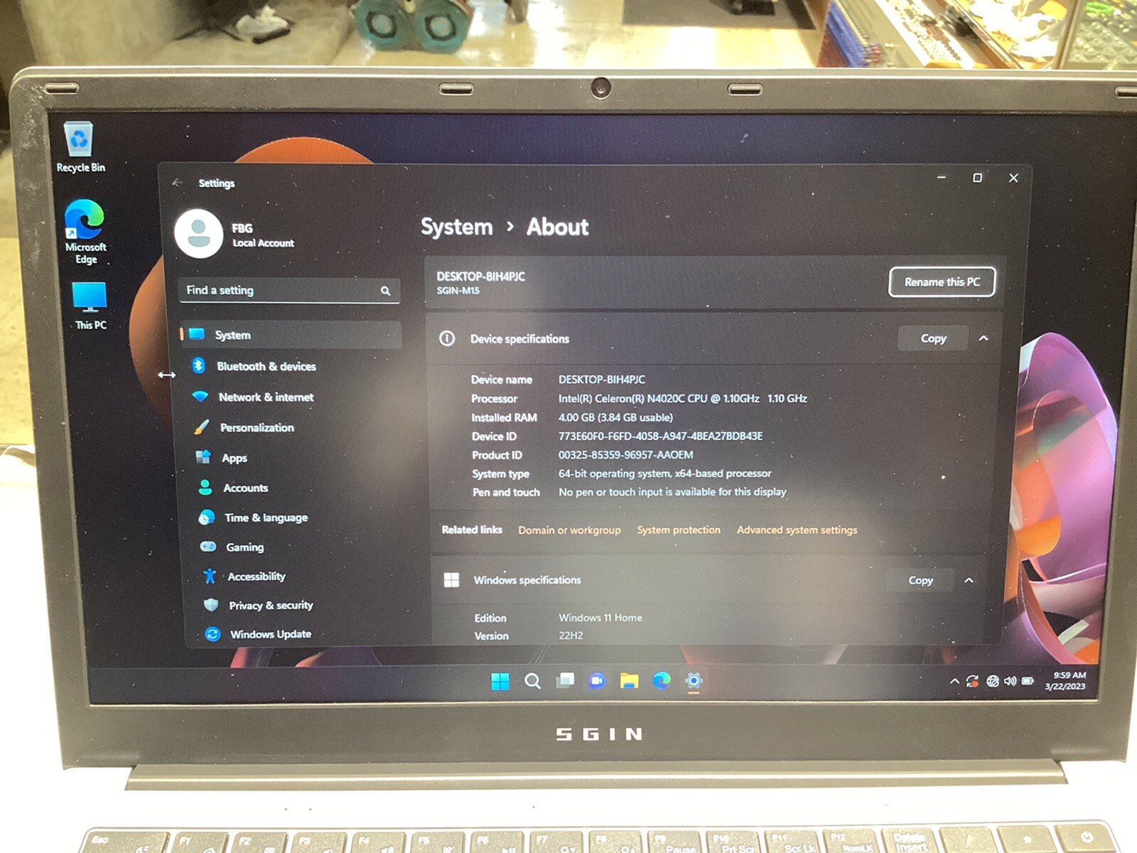 SGIN M15 Laptop 15.6 Inch, 4GB DDR4 128GB SSD Windows 11 *See Pictures*