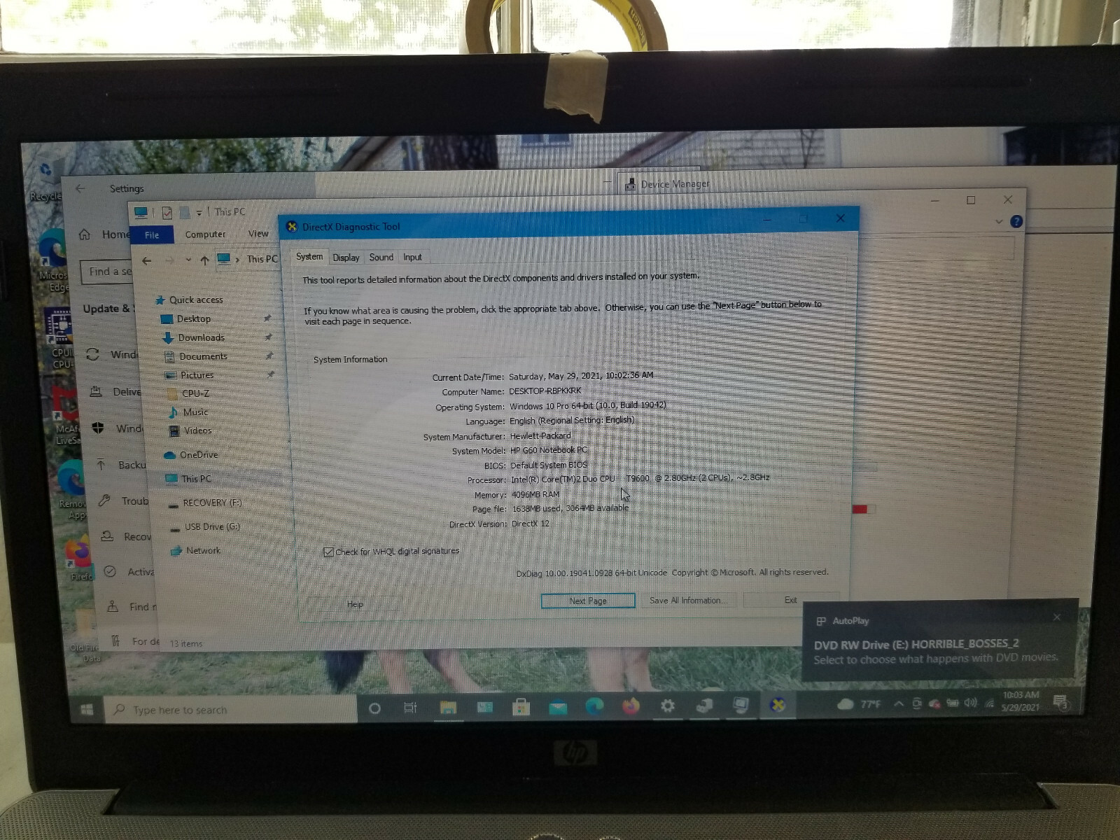 HP G60 4420M, Windows 10 Pro, 240 GB SSD, CPU Intel T9600 2.8 Ghz, RAM 4GB, VGA.