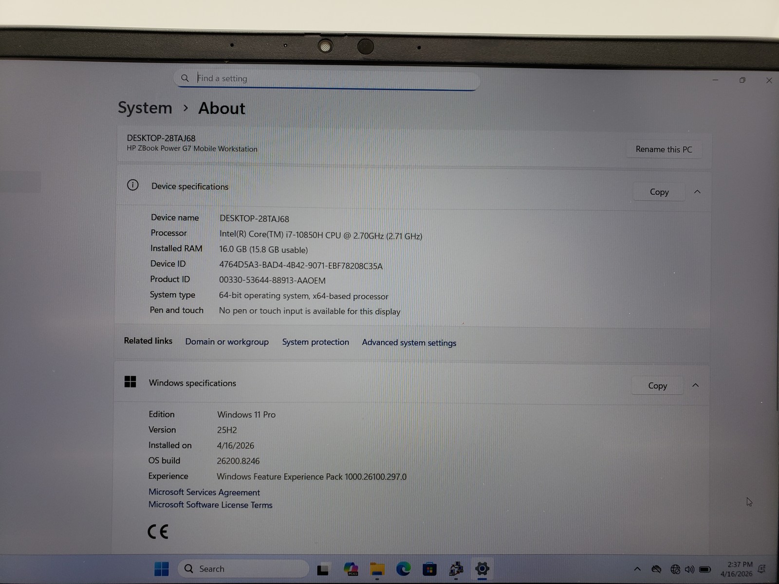 HP ZBook Power G7 i7-10850H 16GB RAM 256GB SSD 15.6″ Quadro T1000 Win 11 Pro.