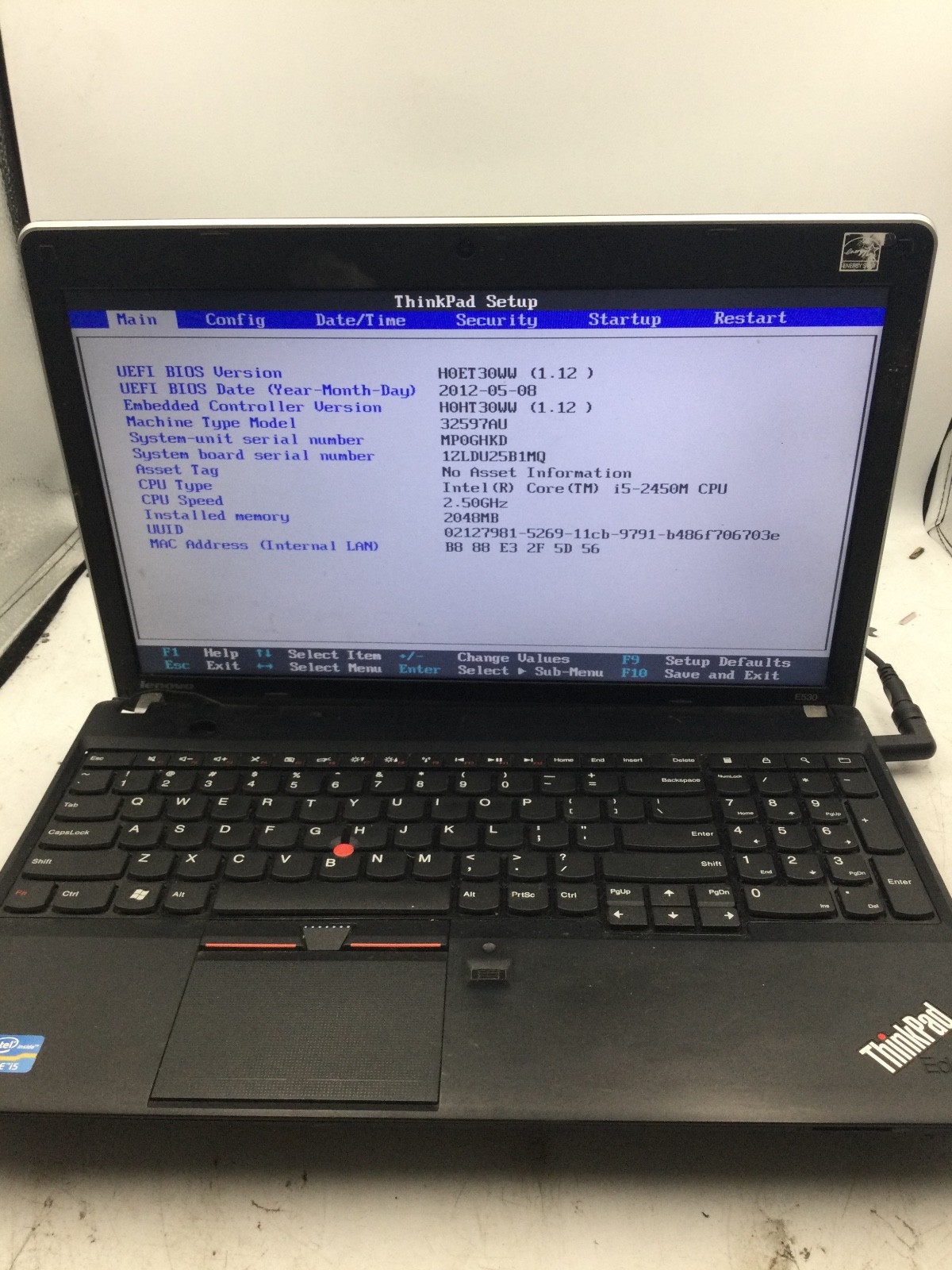 LENOVO THINKPAD E530 – BOOTS TO BIOS – INTEL I3 3120M – 4GB RAM – READ DESC – BB