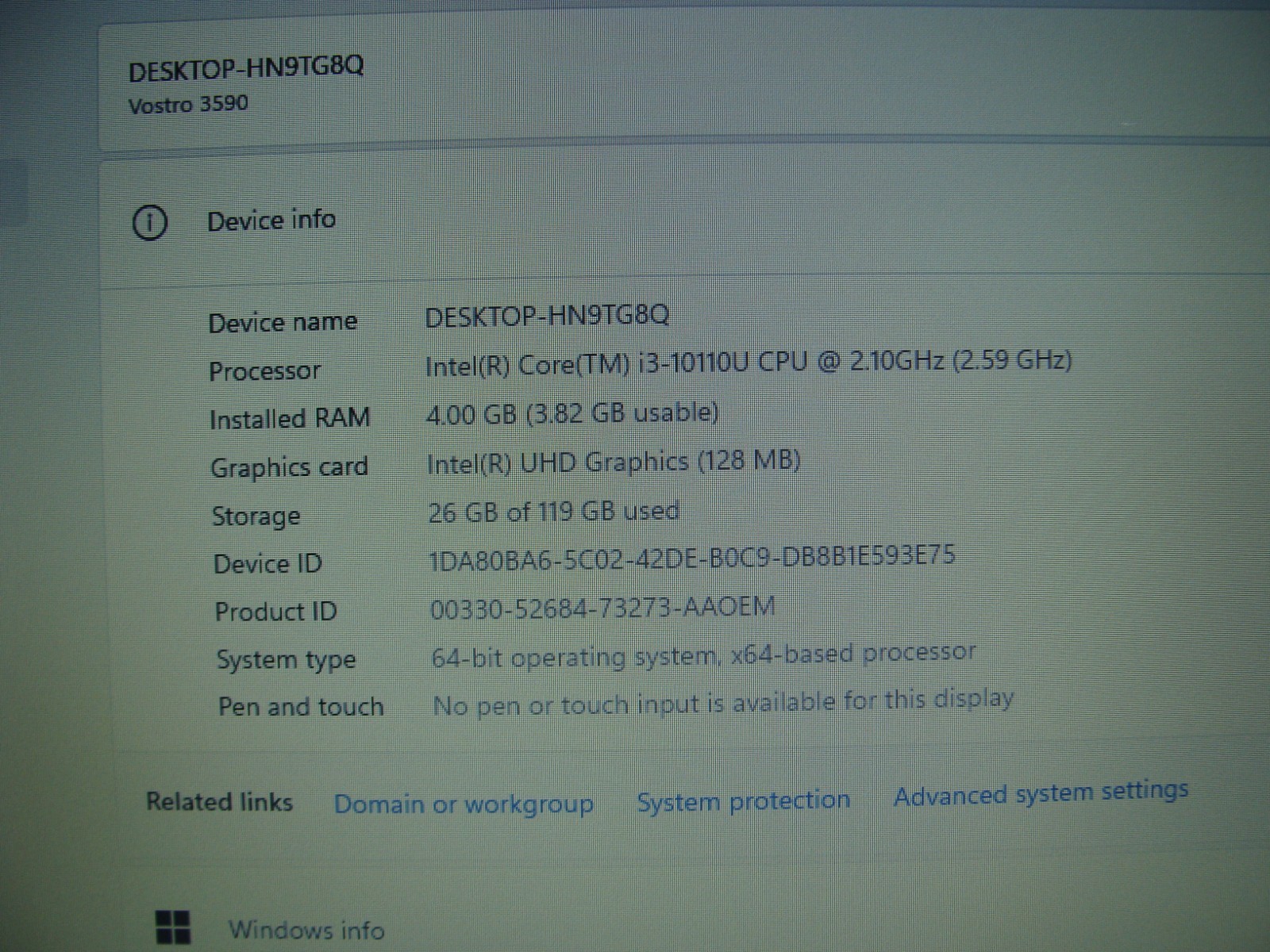 Dell Vostro 3590 15.6″ HD Core i3-10110U 2.1GHz 4GB 128GB SSD Win11Home +Charger