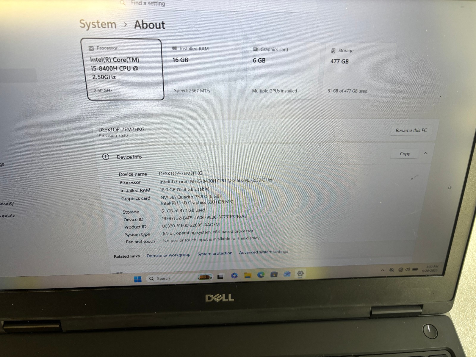 DELL PRECISION 7520 i5-8400H 2.5GHZ RAM 16GB NVME 512GB NVIDIA P3200 BLUETOOTH
