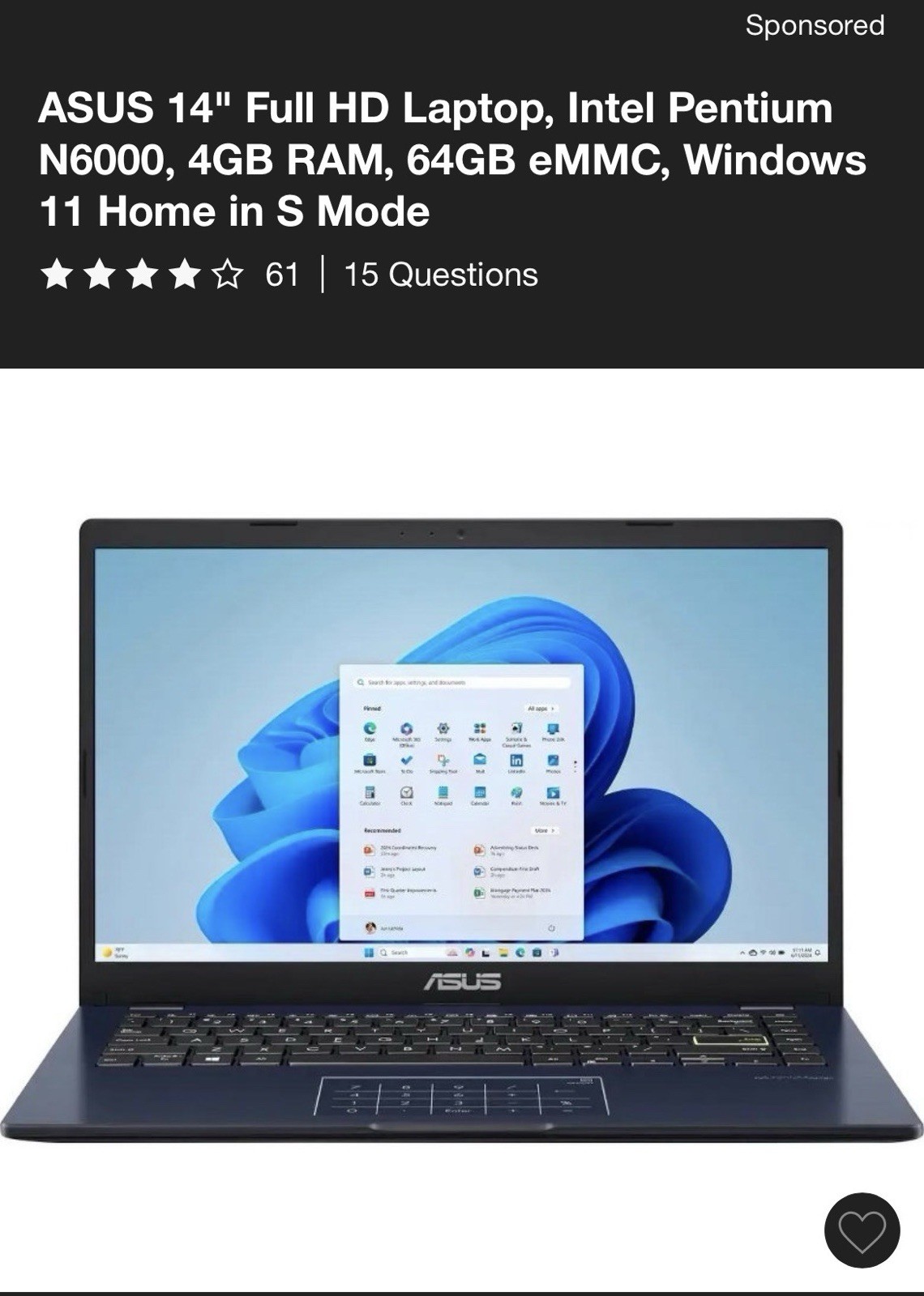 ASUS 14″ FHD Laptop Pentium N6000 4GB RAM 64GB eMMC Windows 11 Home S Mode