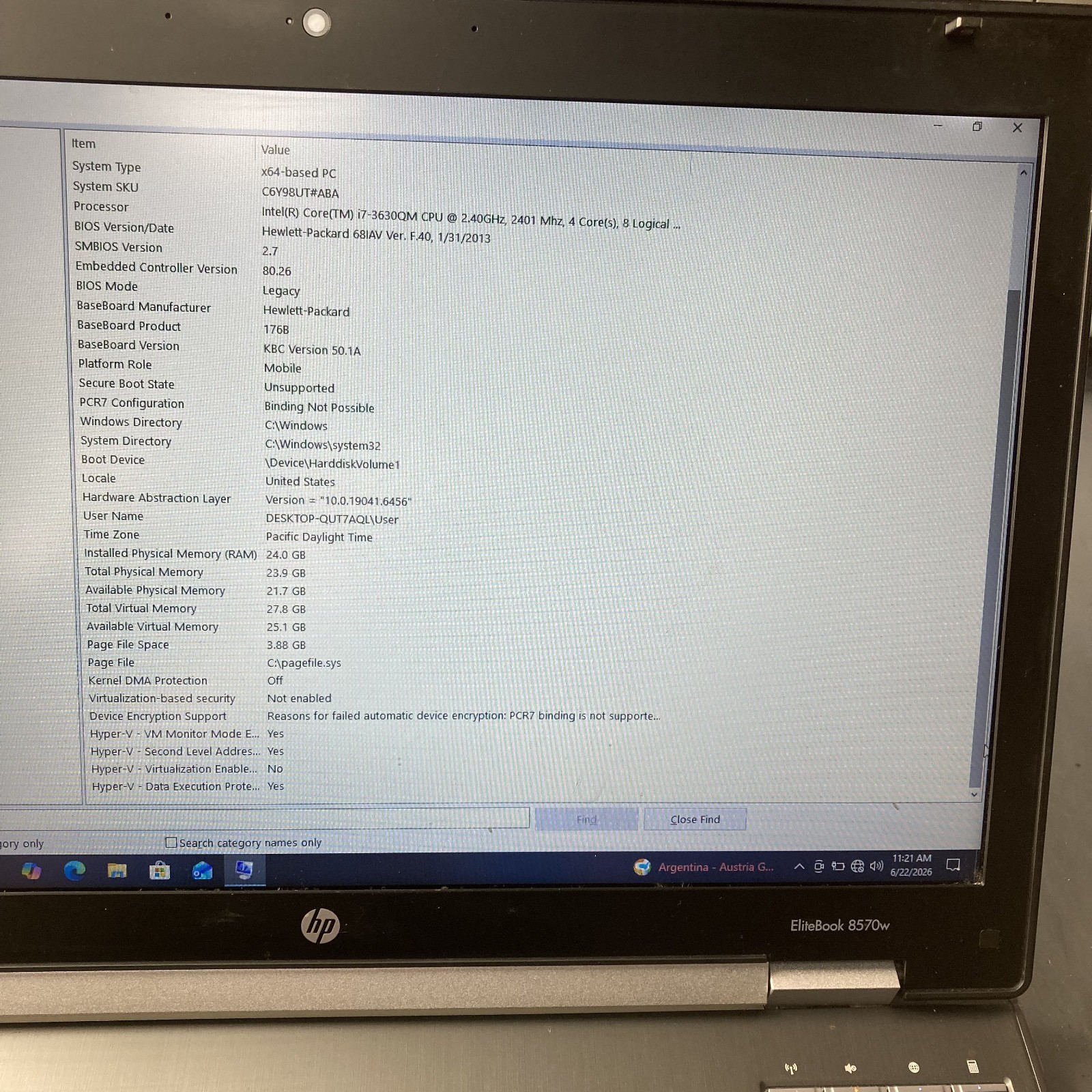 HP EliteBook 8570W Workstation i7-3630qm 2.4GHz 24GB RAM 120GB mSATA 1TB HDD