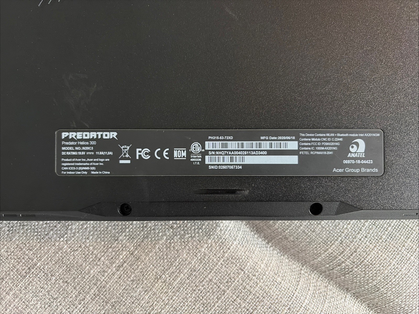 Acer Predator Helios 300 PH315-53-72XD Gaming Laptop for Parts or Repair