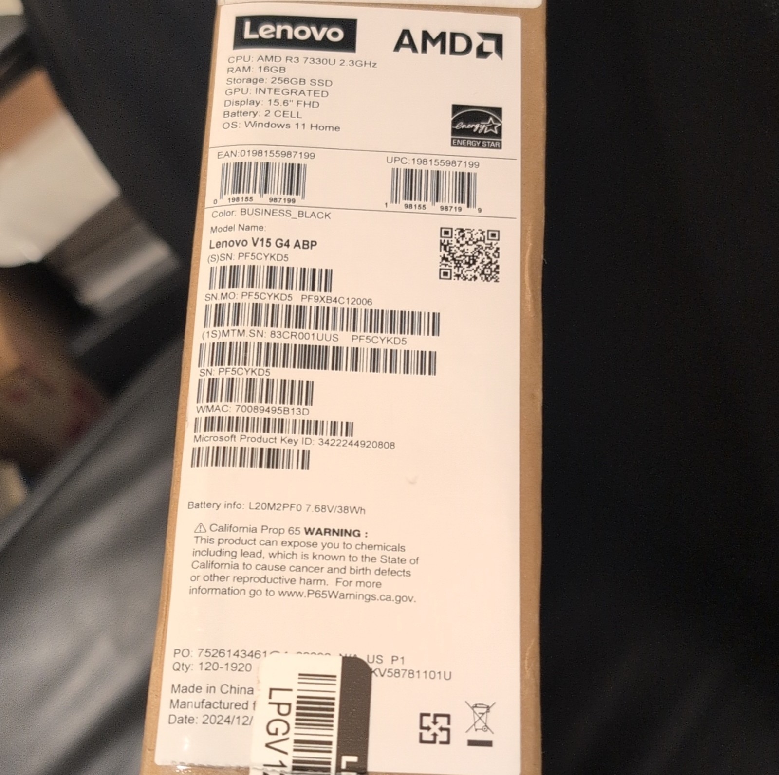 Lenovo V15 G4 ABP Laptop AMD R3 7330U 16GB 256GB SSD 15.6″ Black Windows 11