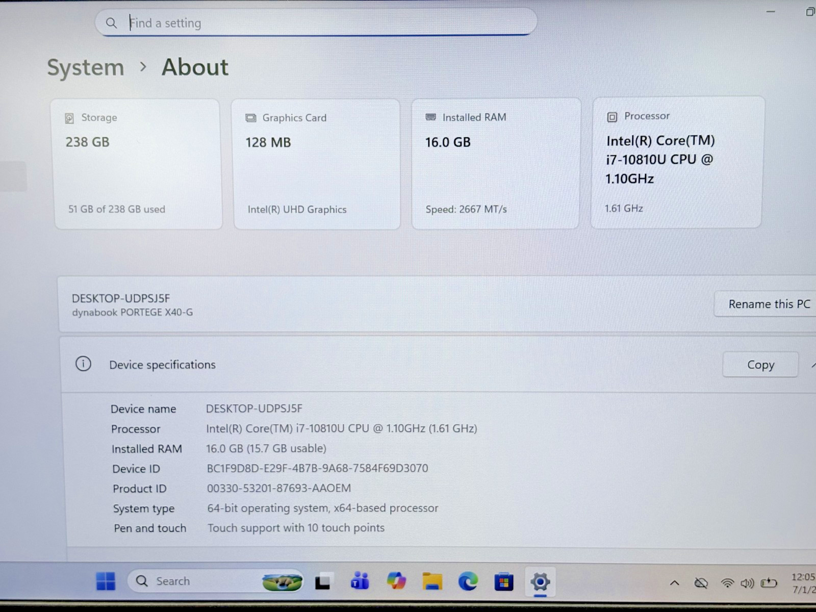 Toshiba DynaBook Intel i7-10th Gen 1.10GHz 16GB RAM 256GB SSD Win 11 Pro B.L.*
