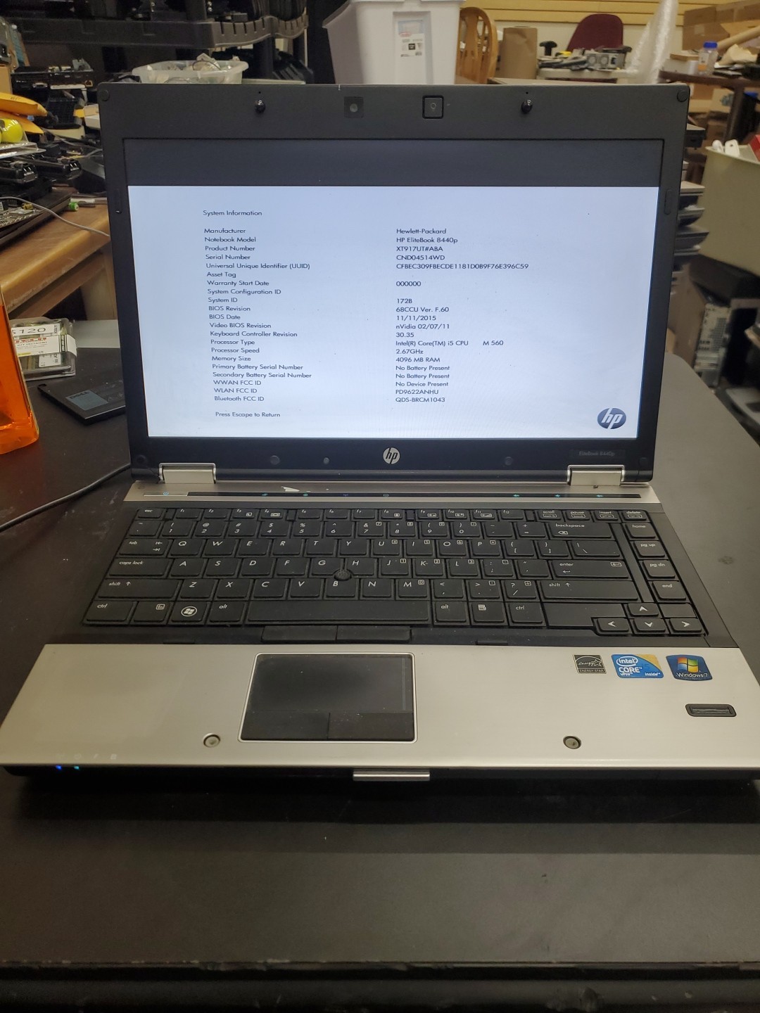 HP ELITEBOOK 8440P Laptop w/ INTEL CORE i5 M560 4gb RAM/No HDD 012626-16 No BATT