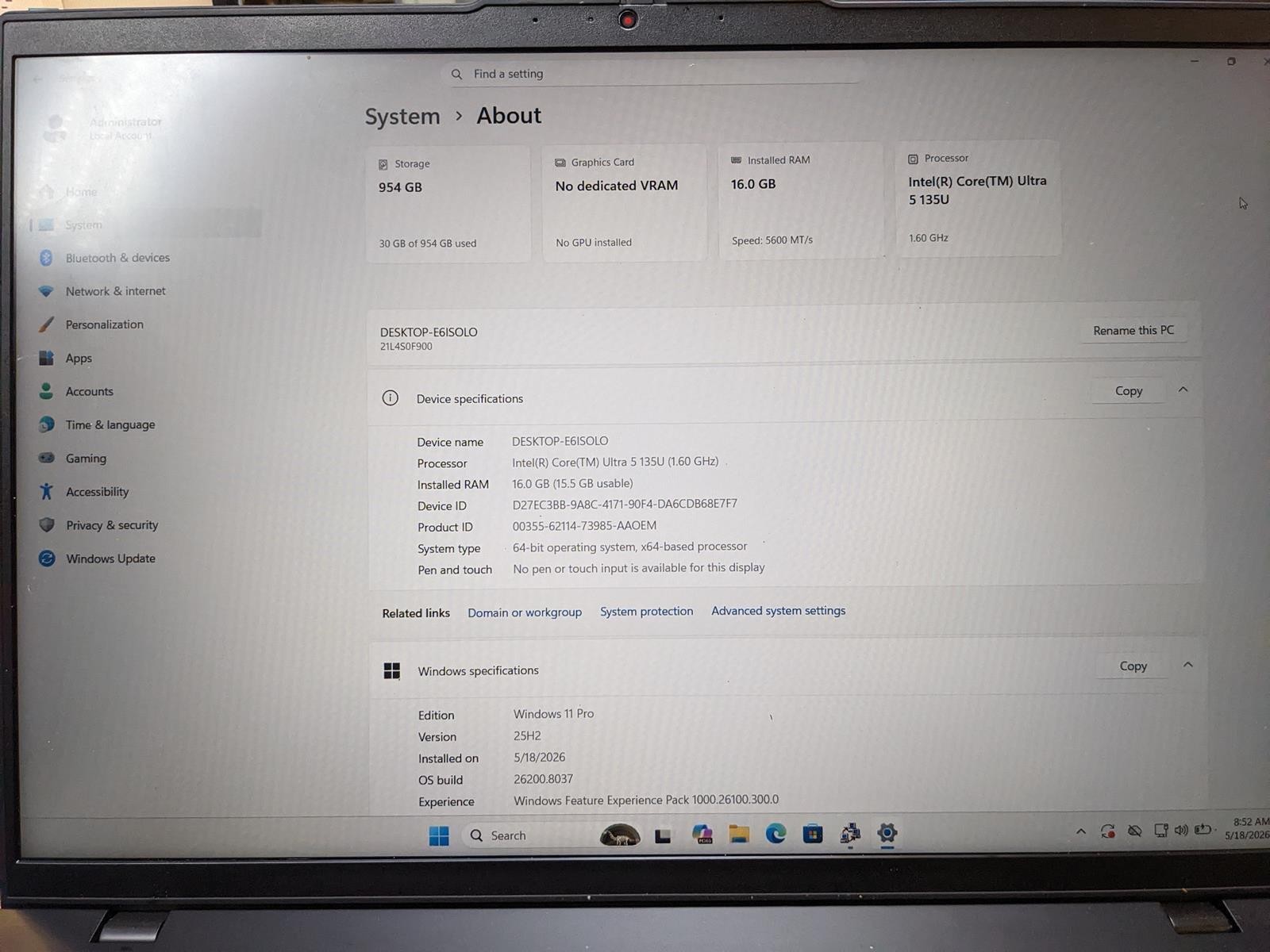 LENOVO THINKPAD L16 ULTRA 5 135U @ 1.1GHz, 16GB RAM, NO HDD