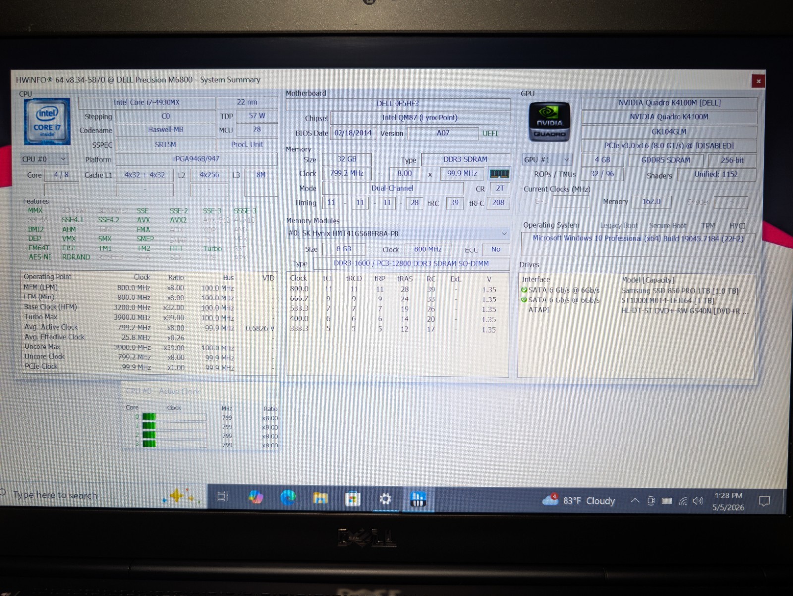 DELL PRECISION M6800 | i7-4930MX 32GB RAM 1TB SSD + 1TB HDD | FHD NVIDIA K4100M