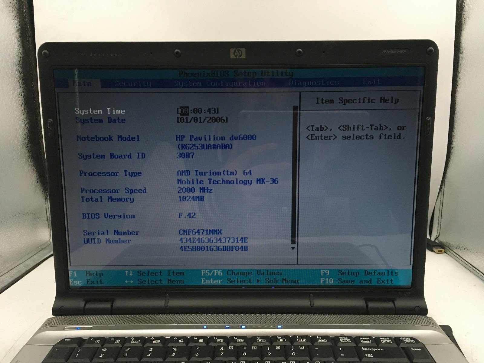 HP PAVILION DV6000 – BOOTS TO BIOS – AMD TURION 64 – 1GB RAM – READ DESC – BB!
