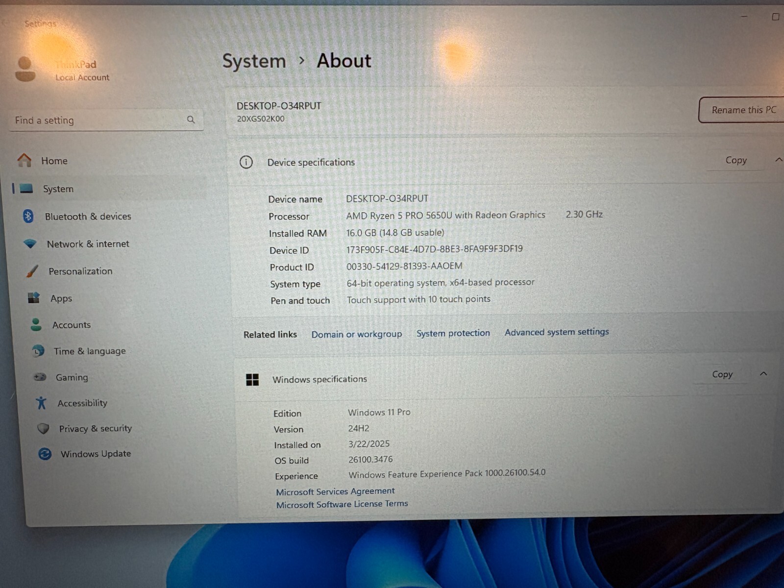Lenovo ThinkPad T14s Gen 2 AMD Ryzen 5 Pro 5650U 2.3GHz 16GB RAM 256GB SSD W11P
