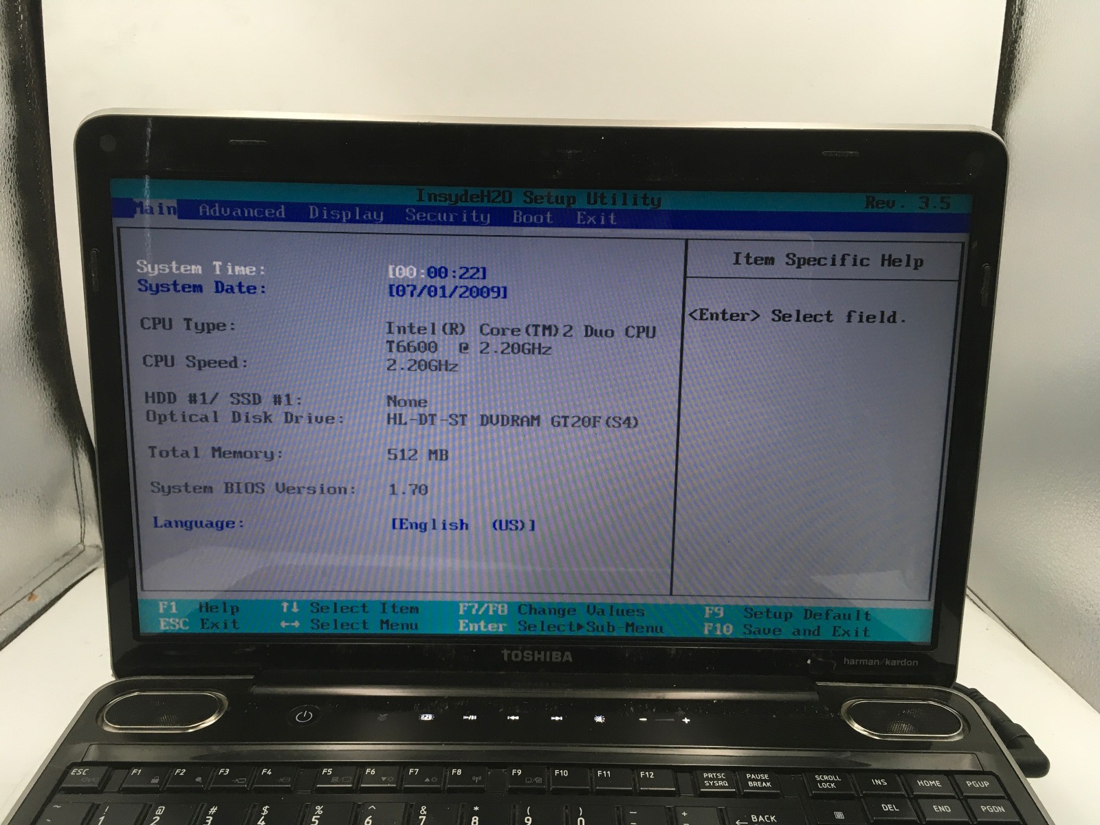 TOSHIBA SATELLITE A505 S6980 – BOOTS TO BIOS – INTEL 2 DUO T6600 – 512MB RAM -BB