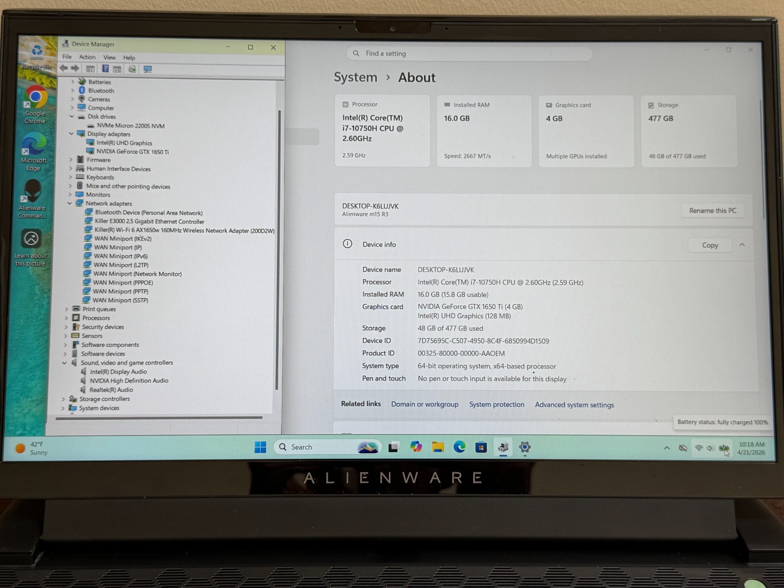 Alienware M15 R3 15.6 i7-10750H 16GB 512GB/SSD NVIDIA GTX 1650 Ti Gaming Laptop