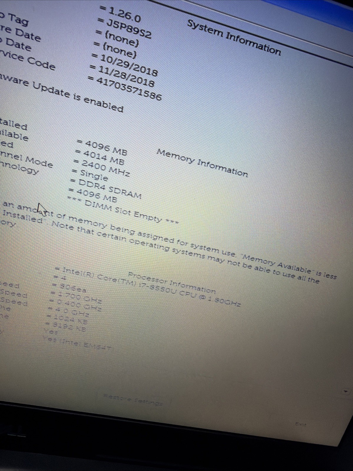Dell Latitude 3590 15″ Laptop i7-8550U 4gb Ram No Drives Boots Bios