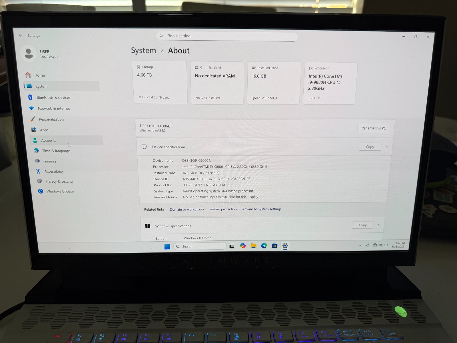 ALIENWARE M15 R2 LAPTOP, i9, 16GB, 5T M.2, WINDOWS 11