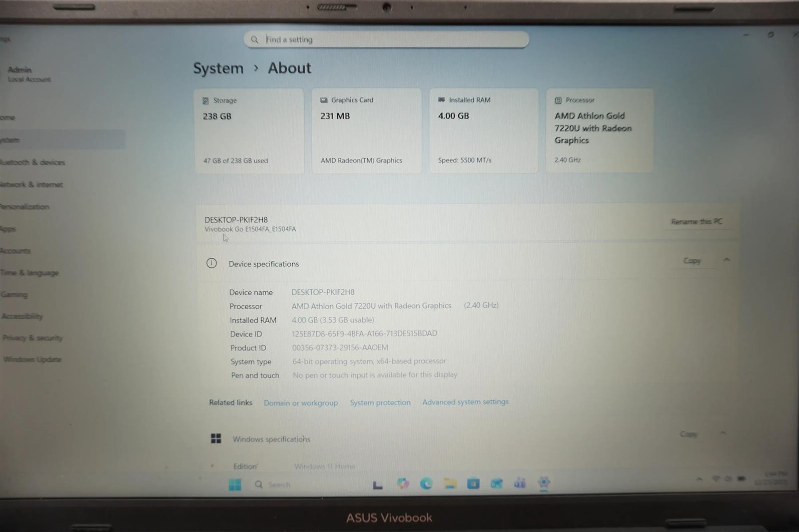 ASUS Vivobook Go 15 e1504f 15.6″ AMD Athlon Gold 7220U 2.4GHz 4GB 256GB SSD