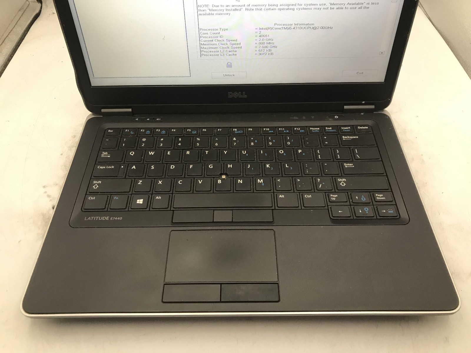 DELL LATITUDE E7440 – BOOTS TO BIOS/LOCKED – INTEL I5 4310U – NO RAM – READ – BB