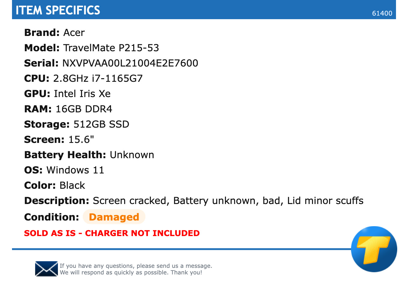 Acer TravelMate P215-53 – 15.6″, 2.8GHz i7, 16GB RAM, 512GB SSD, Windows 11