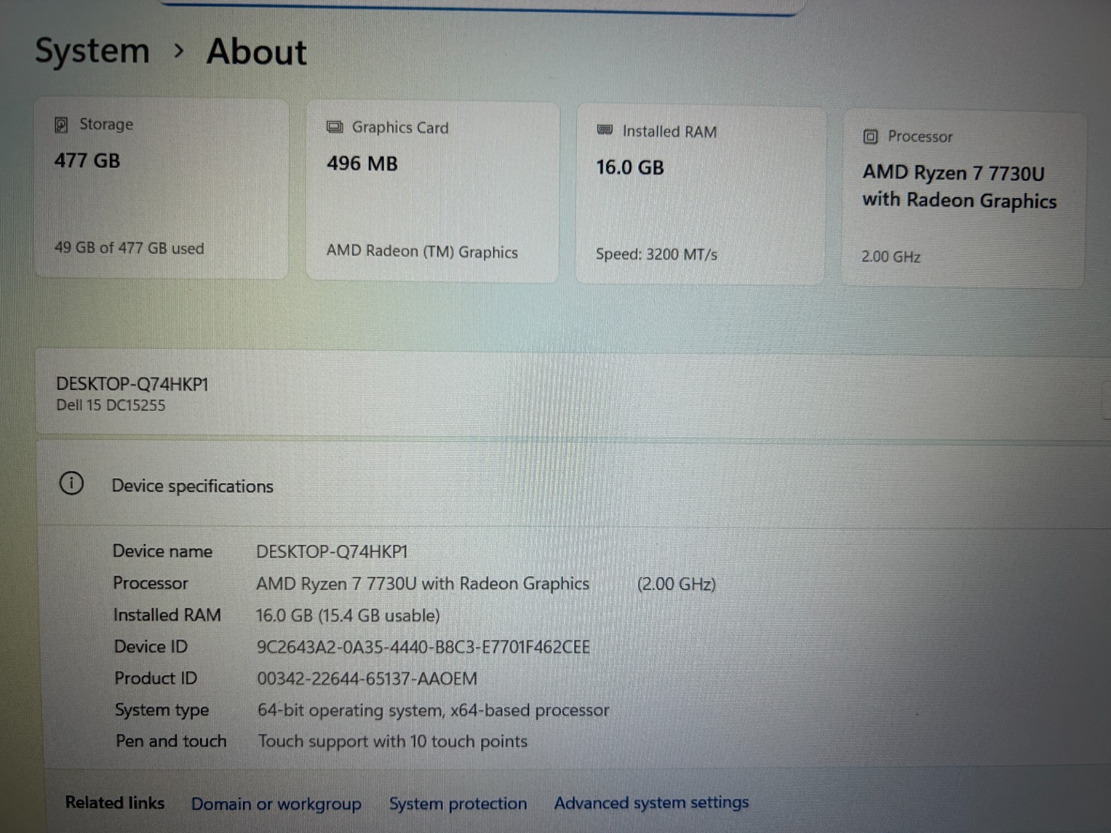 DELL 15 DC15255 G8MK9, AMD Ryzen 7 7730U, 2.00 GHz, 16 GB RAM 512 GB NVMe SSD