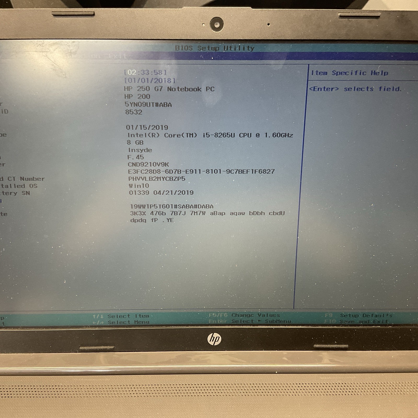HP 250 G7 / i5 8th Gen / BIOS Unlocked / No RAM / No SSD / M15