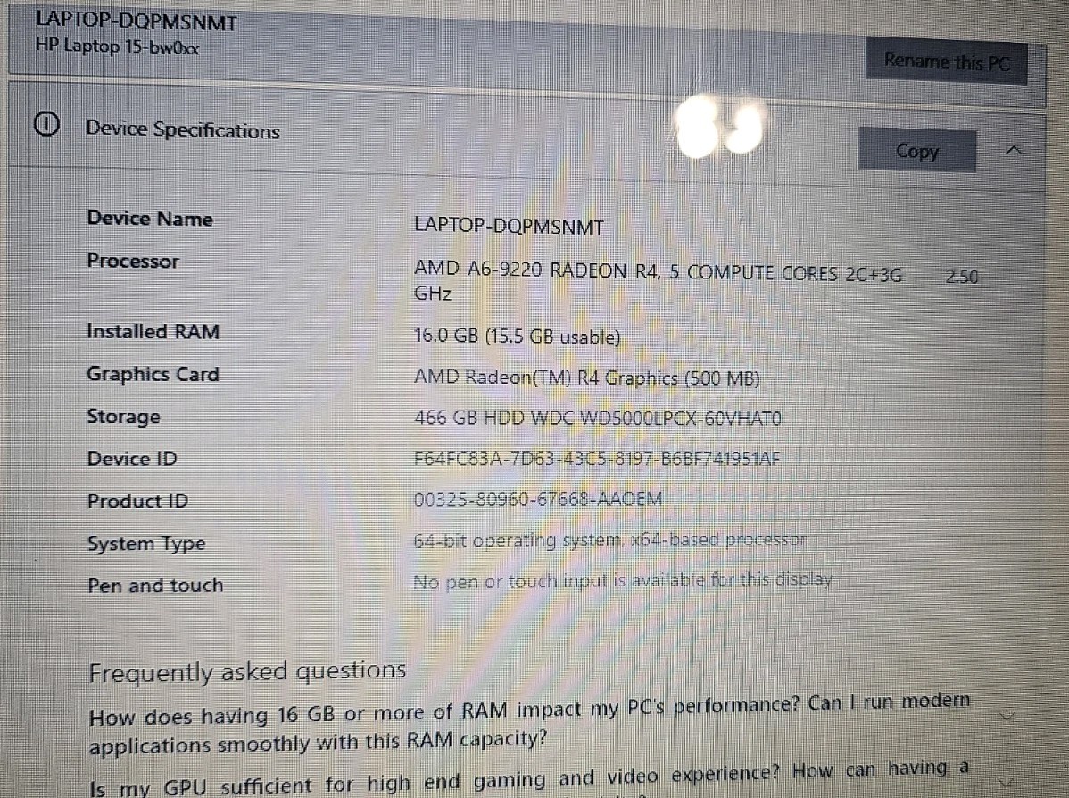 HP Pavilion TPN-C130 AMD A6-9220 2.50GHz 16GB 466GB HDD 15.6″ WIN 10 Home