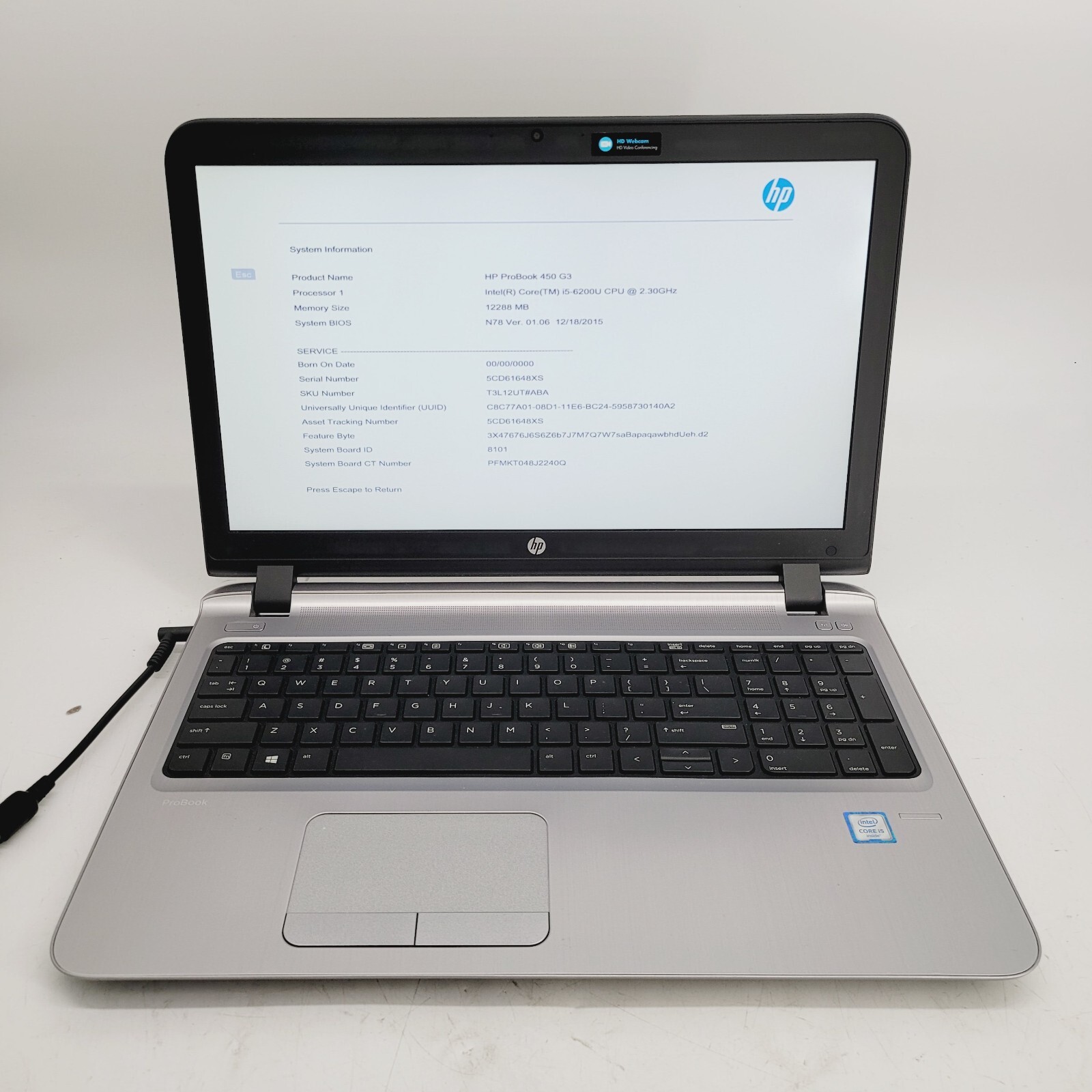 HP ProBook 450 G3 Core i5 6200U 2.3GHz 12GB RAM No HDD 15.6″ – ***BOOT TO BIOS