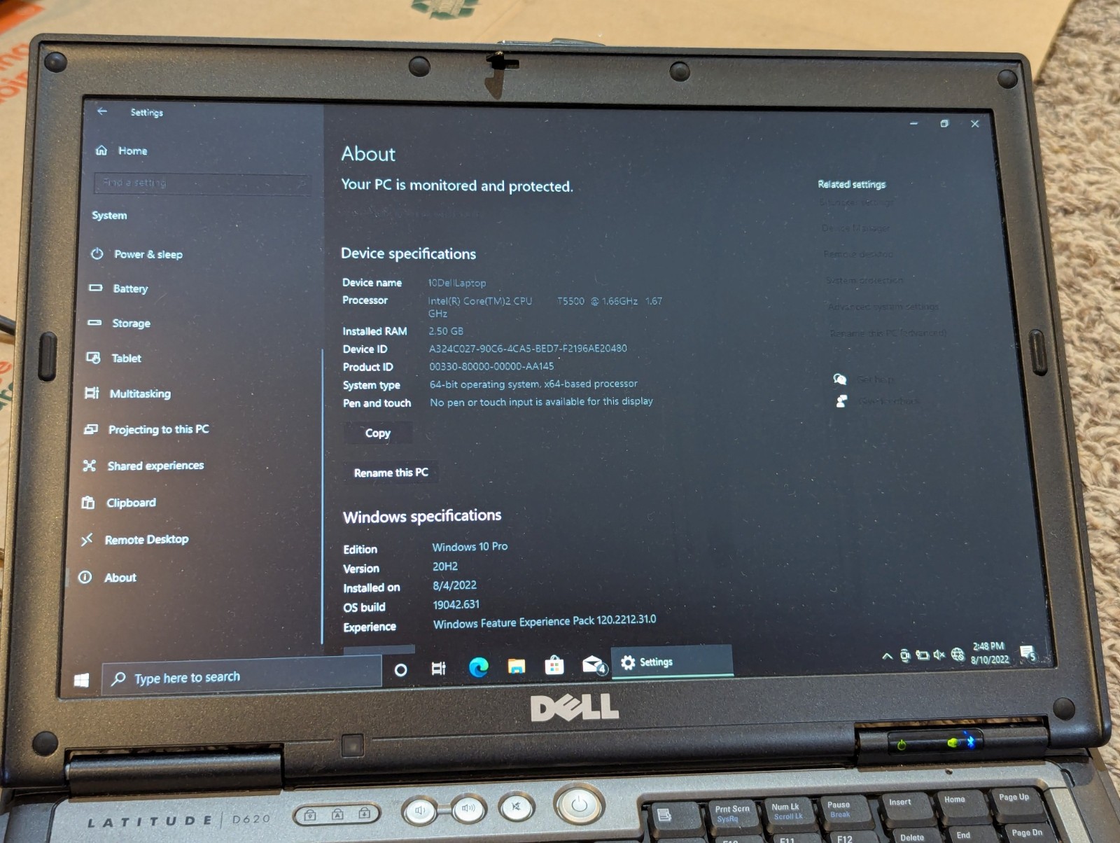 Dell Latitude D620 2.5GB RAM Laptop Windows 10 Pro, 240GB SSD – TESTED