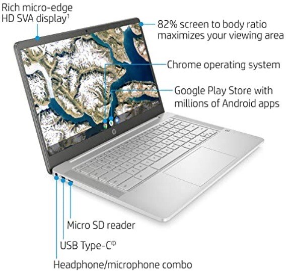 HP 14a-na0020nr 14 inch (32GB, Intel Celeron, 1.10GHz, 4GB) Chromebook – White –