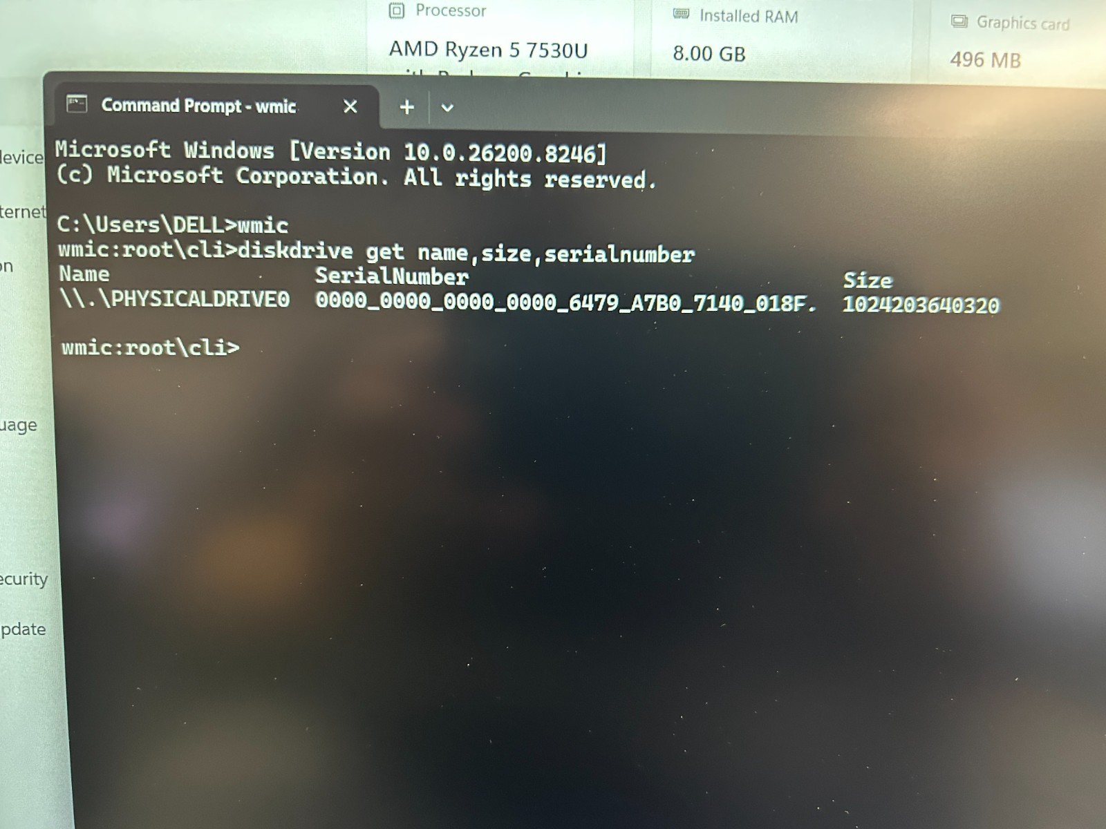 DELL 15 DC15255 G8MK9, AMD Ryzen 7 7730U, 2.00 GHz, 16 GB RAM 512 GB NVMe