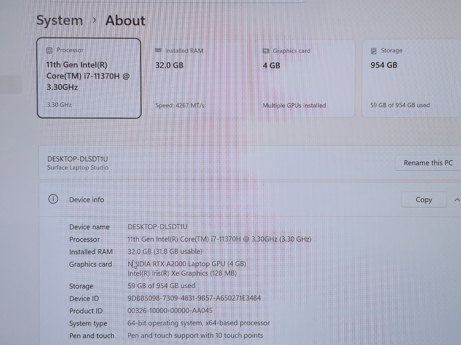 Surface Laptop Studio 1964 Core i7-11370H 32GB RAM 1TB SSD 14.4″ A2000 GPU 4 GB