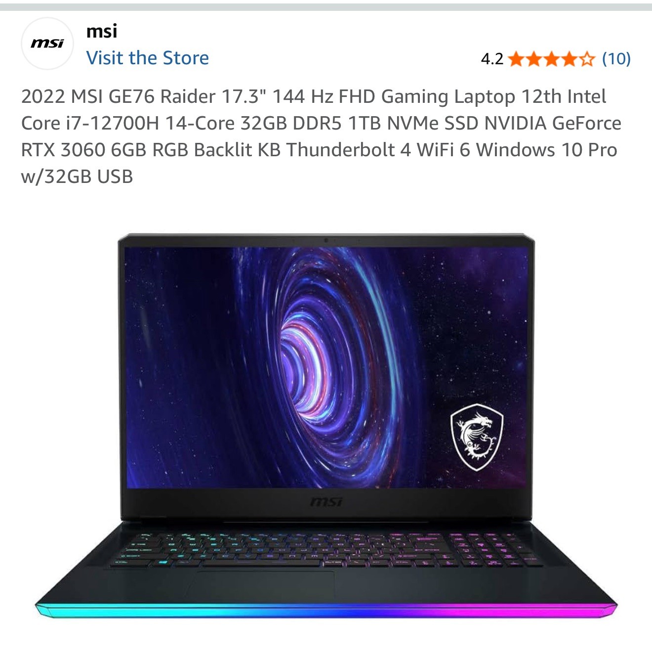MSI GE76 Raider 17.3″ i7-12700H 32GB 1TB RTX 3060 Gaming Laptop – Excellent