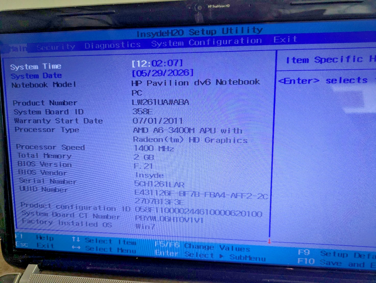 HP Pavillion dv6-6110US Laptop – AMD A6 3400Ms POST to BIOS, 2GB, no SSD, PS DVD