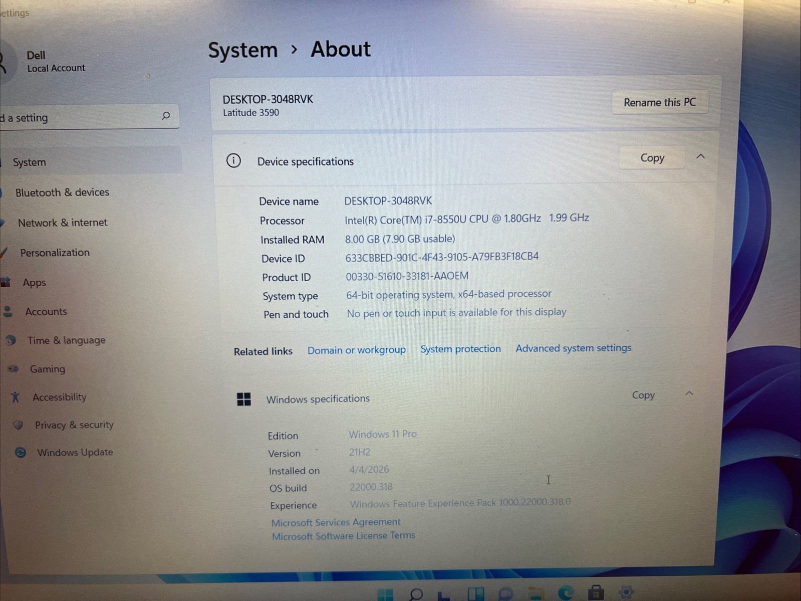 Dell Latitude 3590 | i7-8550U | 8GB RAM | 256GB