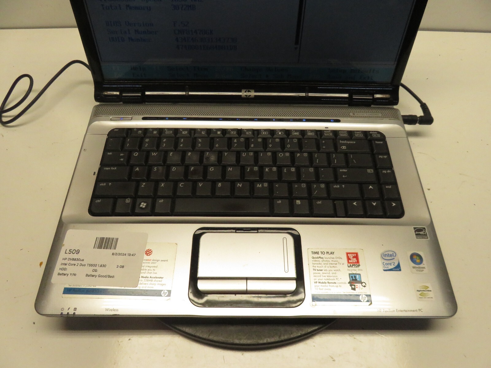 HP DV6830us Laptop Intel Core 2 Duo T5500 3GB Ram No HDD or Battery