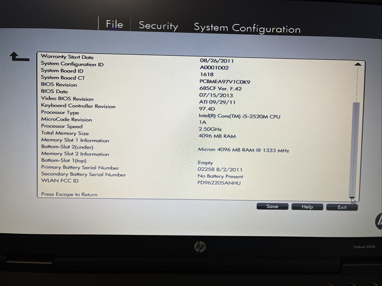 HP PROBOOK 6560B – BOOTS TO BIOS – INTEL I5 3230M – 4G RAM No Hard Drive